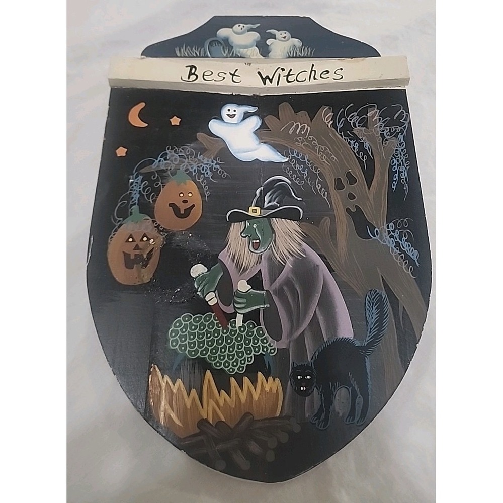 Handpainted Vintage Halloween Witch Wooden Decor Wall Hanger Folk Art Primitive